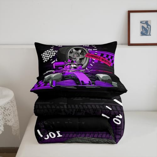Image of Feelyou Kids Purple Racing Car Duvet Insert Queen Size, Extreme Sports Comforter Set Boys Girls Karting Road Bedding Set Teens Bedroom Decor Bed Set 3Pcs