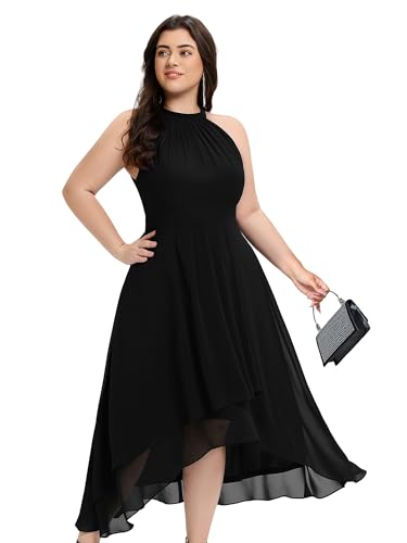 Ever-Pretty Plus Women's Halter Sleeveless Chiffon High-Low Pleated A-Line Summer Plus Size Wedding Guest Dresses