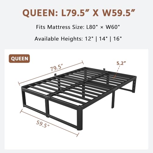 Image of ZTH Queen Size Metal Platform Bed Frame 14 in, No Box Spring Needed, Black | Heavy duty support, Underbed storage, Noise-free design, Anti-slip clips, Rounded legs, Easy assembly, Headboard compatible