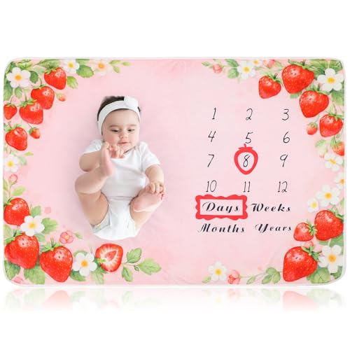 Image of Chumia Baby Monthly Milestone Blanket for Girl 59 inch x 39 inch Pink Strawberry Photo Prop Blankets Baby Age Milestone Blanket with 2 Felt Floral Wreath Frame
