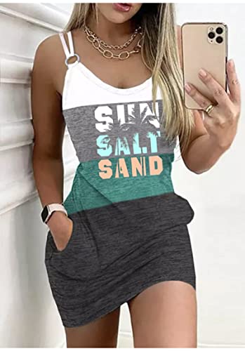 Image of Live Simple Coconut Tree Color Block Pocket Mini Dress Women Summer Beach Sleeveless Strap Tshirt