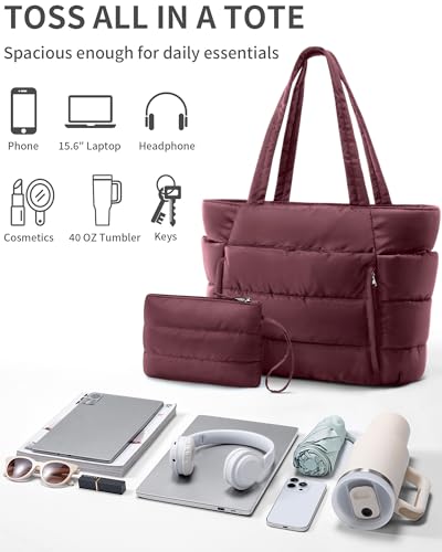 Image of Bagstellar Puffer Tote Bag for Women, Lightweight Puffy Work Handbag Teacher Nurse Quilted Shoulder Bag for School Travel Gym | Cloud Bag w / Zipper