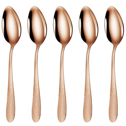 Image of 8.1 inch Hammered Rosegold Silverware Dinner Spoons | 5-Piece Premium Stainless Steel Flatware Set | Dishwasher Safe Cutlery Set for Home, Restaurant & Gifting