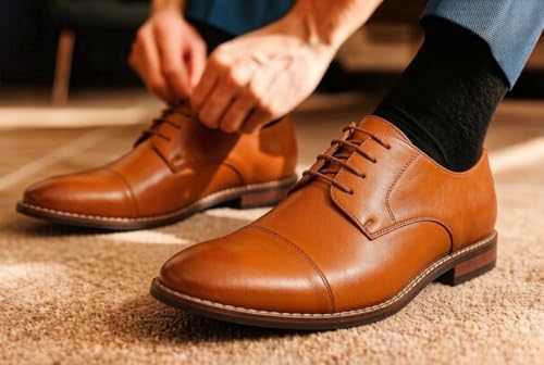 Image of Men Dress Shoes Formal Wingtip Lace Up Latex Insole Oxford Business Wedding Leather Derby Shoe(Brown Pu 9.5)