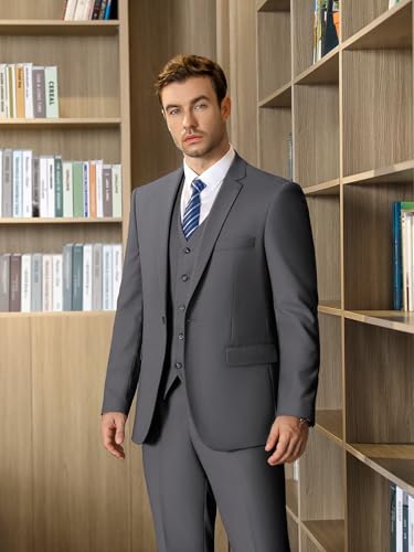 Cooper & Nelson Men's 3 Piece Slim Fit Suit Set, One Button Solid Jacket Vest Pants with Tie4