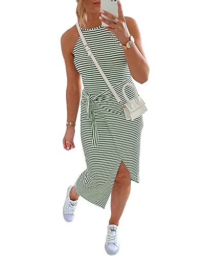 FZKun Vestidos Midi Sin Mangas A Rayas para Mujeres - Vestido De Verano Informal Cuello Halter Ajustado con Fruncido Bodycon Y Cinturón (L,Verde)