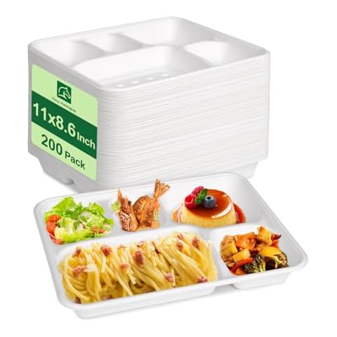 Pony Packaging 100% Compostable 5 Compartment Plates, 200 Pack Disposable Paper Plates White, 11 * 8.6 inch Heavy-Duty Biodegradable Sugarcane Plates for Party Dinner Lunch Buffet Cover