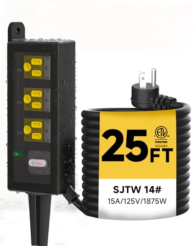 Image of Outdoor Extension Cord, 3 Wide Outlets, 1875W /15A, 25FT 14AWG Heavy Duty SJTW Power Strip with Surge Protector, All-Weather & IP66 Fully Waterproof, Ideal for Patio, Garden, Pool, RV, Black