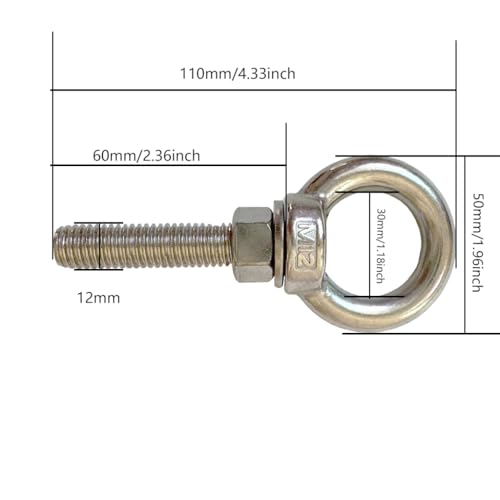 Image of 304 Stainless Steel Shoulder Eye Bolts, 2 PCS M12 Heavy Duty Eye Bolt Lifting Ring 2.4 inch Threaded Eyebolt with Nuts and Flat Washers(Thread Length 60mm) Muti-Function for Indoor Outdoor