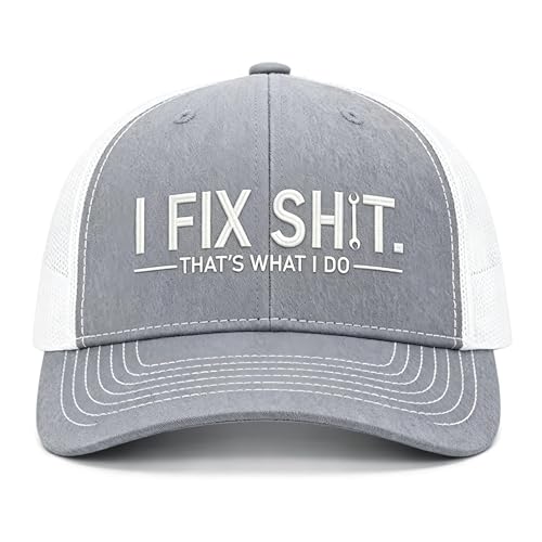 Funny I Fix Shit Trucker Hat Breathable Mesh Work Cap for Men Humorous Gift for Dad Handyman and Car Enthusiasts Grey