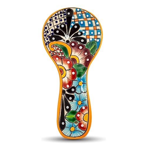 Talavera Spoon Rest – Hand-Painted Ceramic Utensil Rest Handmade in Mexico, 10' Large for Stove Top and Counter, Dishwasher Safe Lead Free, Gift Ready Cuchara Multicolor