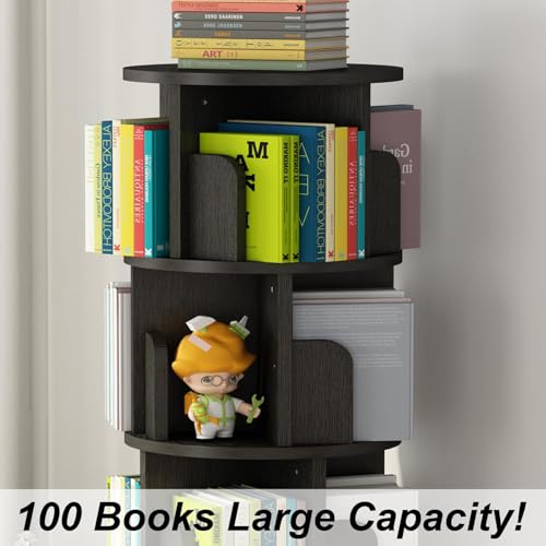 Rotating Bookshelf, 4-Tier Bookcase Storage Rack for Kids & Adults, Corner Spinning Book Shelf for Small Space, Wood Revolving Bookcase Organizer for Bedroom, Living Room, Black