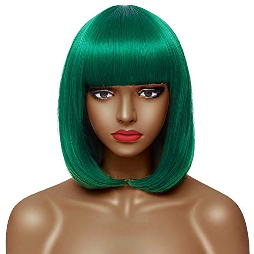 Uniyou Short Green Bob Wig with Flat Bangs 12 Inches Straight Yaki Synthetic Wig Premium Heat Resistant Cosplay Costume Party Wig for Women