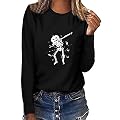 Dancing Skeleton Print Shirts for Women Halloween Crewneck Casual Long Sleeve Night Luminous Fashion Fall Clothes Gray
