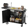 ahomrt Outdoor Grill Table with Sink, Metal Worktable Kitchen Cabinet Island w/ 304 Stainless Steel Sink, Foldable Top and Storage Cabinet, Rolling Grill Cart with Wheels for Garden, Backyard and Lawn