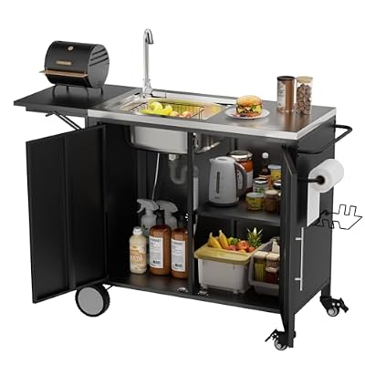 ahomrt Outdoor Grill Table with Sink, Metal Worktable Kitchen Cabinet Island w/ 304 Stainless Steel Sink, Foldable Top and Storage Cabinet, Rolling Grill Cart with Wheels for Garden, Backyard and Lawn