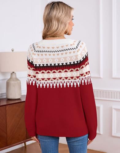 Image of Women's Fair Isle Sweater Crew Neck Long Sleeve Heart Sweater Vintage Tops