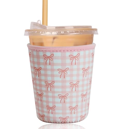 Image of Reusable Insulated Sleeve for Iced Coffee Cup, Coffee Neoprene Sleeve for Cold & Hot Drinks, Beverage Holder for Iced Coffee (Lovely Bows, Small: 16-18oz)
