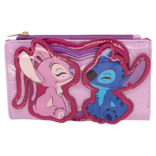 Zonacriativa- Carteira Stitch e Angel Disney (16x9,5cm) | Tecido sintético e nylon, fechamento com zíper e espaço para dinheiro, cartões e documentos