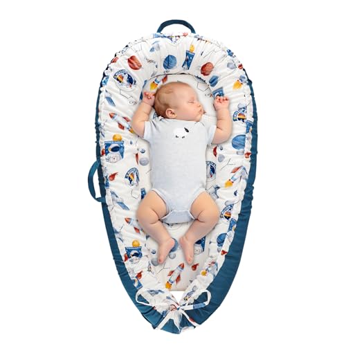 Jundetye Baby Lounger Cover for Boys Girls, Reversible Baby Nest Cover, Adjustable Baby Lounger Replaceable Cover for Infant Newborn, Portable and Machine Washable, Cotton Blue Rocket Cover Only