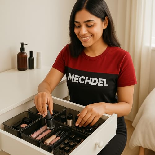 Image of mechdel Drawer Organizer Set /Bathroom and Dressing Table Trays /Cosmetic Display /Bathroom Cosmetic Organizers /Unbreakable Drawer Organizer /Drawer Divider Tray (Black, (6 x 9) -6PCS)