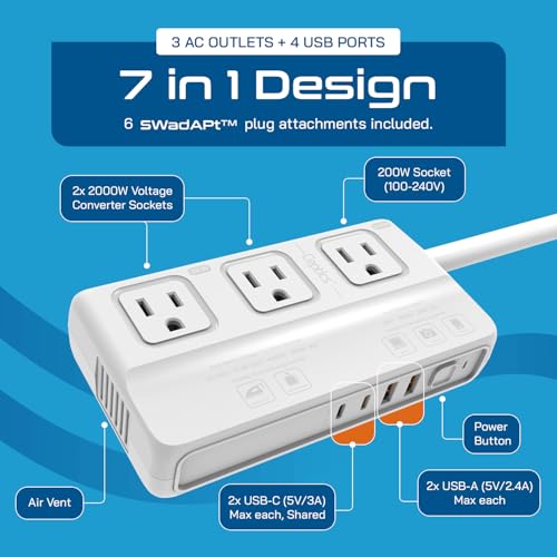 Image of Ceptics 220v to 110v Converter for Travel, 2000W Voltage Converter US to Europe with 3 AC outlets, 4 USB Ports (2X USB-C) and 6 SWadAPt attachments
