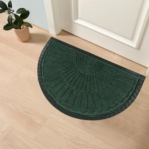 Image of Heavy Duty Half Round Doormat for Outdoor Entrance - Waterproof Low-Profile Rubber Backed Welcome Mat with Anti-Slip Grip & Dirt Trapping Design Door Rug (Green, 45 x 75 CM)