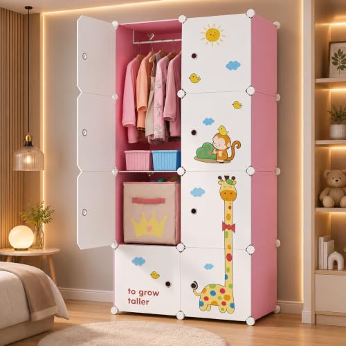 Image of EXVITO 8 Door Kids Plastic Wardrobe for Clothes, Foldable Plastic Almirah for Clothes, Collapsible Wardrobe for Storage, Baby Cupboard for Clothes, Storage Rack for Kids - Dyno Pink
