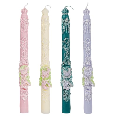 Sungmor Handcrafted Decorative Taper Candles – 9 Inch Floral Embossed Set of 4, Elegant Wedding & Home Décor Candles, Multicolor and Premium Scented for Gift, Romantic Dinner