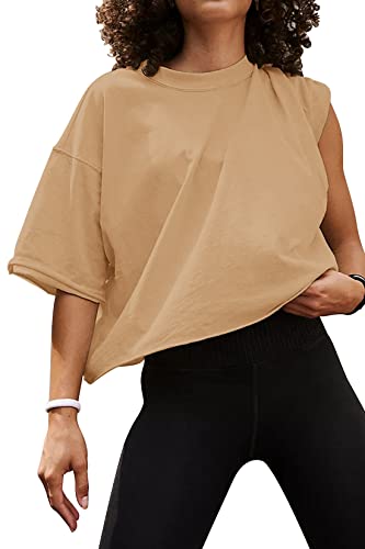 Image of HUGOOME Womens Oversized Workout Crop Top Casual Short Sleeve Boxy Roll Hem