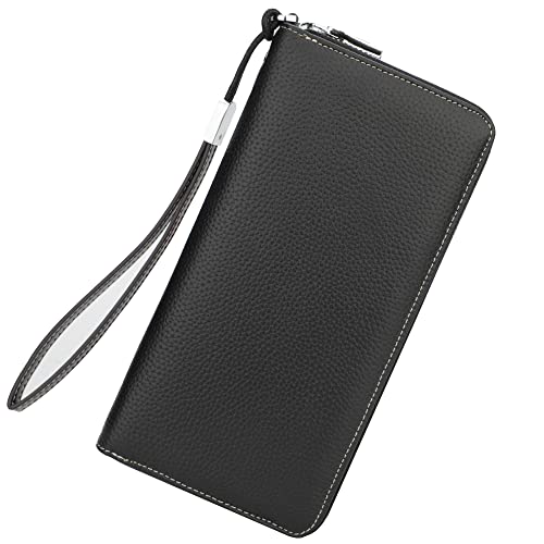 Lavemi Women's Rfid Blocking 100% Leather Large Capacity Zip Around Wallet Phone Holder Clutch Travel Purse Wristlet(Large Size Pebble Black) #TOP1