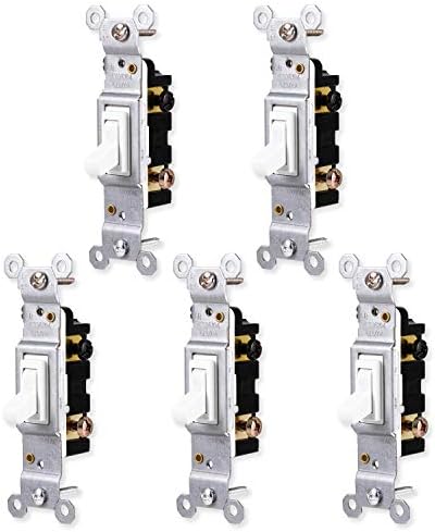 GE Switch, White, Grounding Toggle 5 Pack, Single Pole, in Wall On/Off Fan & Light Replacement, 15 Amp, for Home, Office & Kitchen, UL Listed, Wallplate not Included, 44034