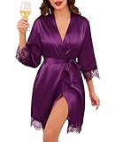 Lovasy Kimono de Satén Mujer Manga 3/4 Encaje Sexy Party Bodas Novia Kimono Albornoces de Casa Mujer con Cinturón,Morado oscuro,L