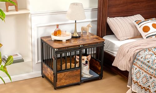 KOOPRO 32 Inch Dog Crate Furniture with Cushion for Large Medium Dogs, Wooden Heavy Duty Dog Kennel with Double Doors, Decorative Pet House Dog Cage Side End Table Indoor, Sliding Door Chew-Resistant - Image 4