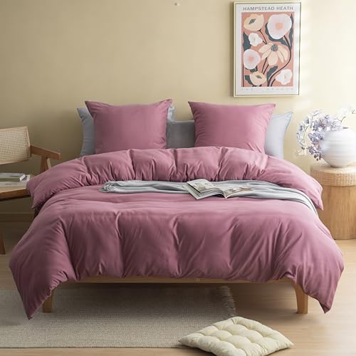 MOHAP Parure de Lit 4 Pièces Housse de Couette 220x240cm + Drap Housse 160x200cm avec 2 taies d'oreillers 65x65cm Vieux Rose pour 2 Personnes Parure 120 Fils/cm² en...