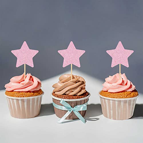 50Pcs Pink Glitter Star Cake Topper Cupcake Picks For Wedding Birthday Party Decoration #TOP3