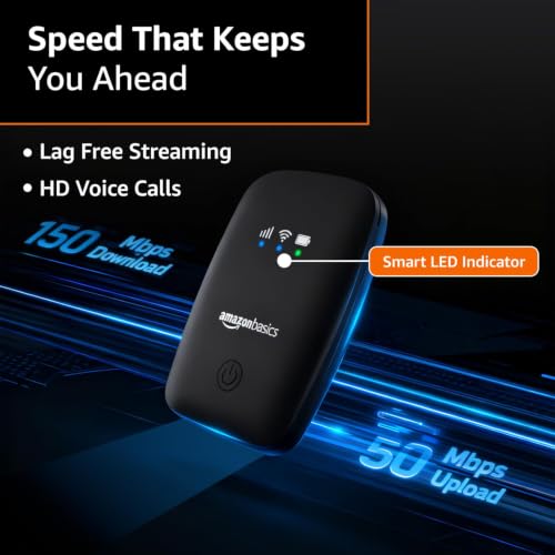 Image of Amazon Basics 4G LTE Wireless Dongle with All Sim Network Support|Single Band Plug & Play Data Card Stick with Up to 150Mbps WiFi Hotspot|2200Mah Rechargeable Battery| Sim Adapter Included (Black)