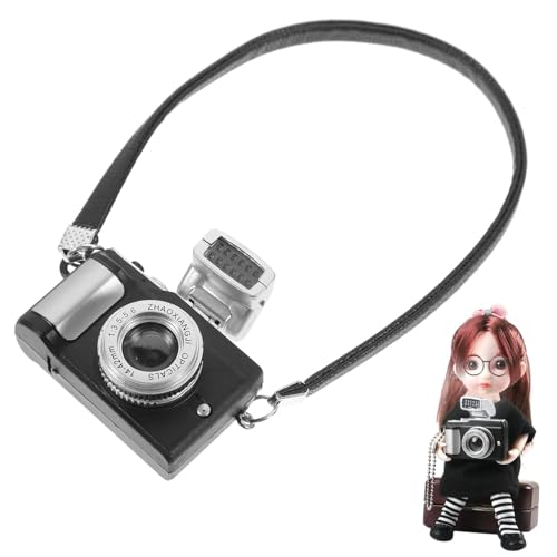 Mini Cámara de Casa de Muñecas,Modelo de Cámara Vintage,1:12 Miniatura Cámara con Flash y Sonido,Mini Camara Llavero,Adorno Cámara SLR en Miniatura con Cordón