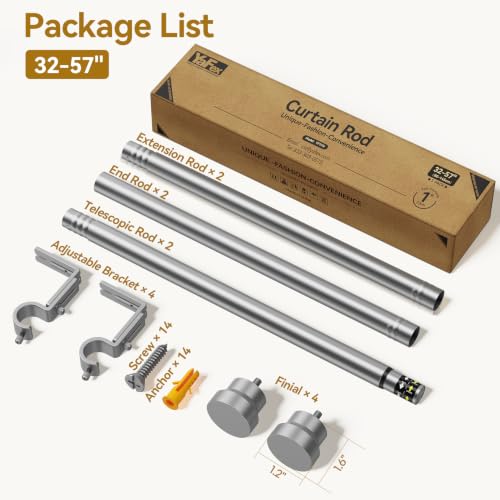Image of YaFex Curtain Rods 2 Pack 32-57 Inch, Heavy Duty 1 Inch Curtain Rod, Silver Short Adjustable Window Treatment Rods, Modern Design, Easy Installation