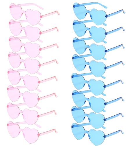 REHALY Valentine's Day Gifts - 16pcs Heart Shaped Rimless Sunglasses in Colorful Pink and Blue
