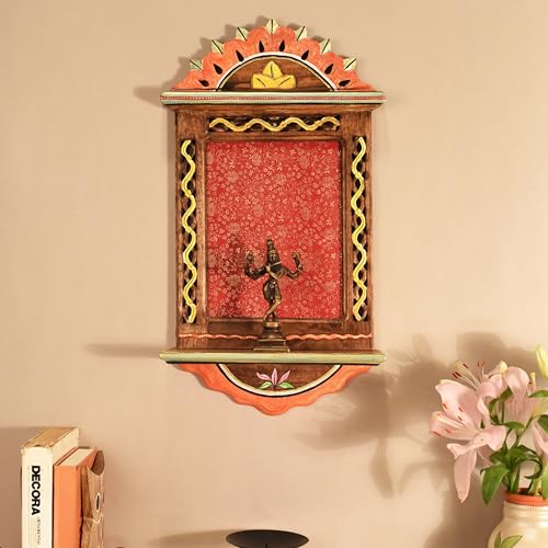 Image of AAKRITI ART CREATIONS Handcrafted Traditional Red Wooden Wall Panel Decorative Art Frame with Floral Art | Matte Finish, Wall Mount Shelf, Living Room Decor | Wall Decoration Items for New Homes