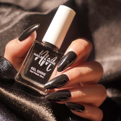 Image of Nails & More Black Nail Polish, Argan Oil-Infused Gel Shine, Jet Black Nails, High-Shine, bold dark look | 10ml