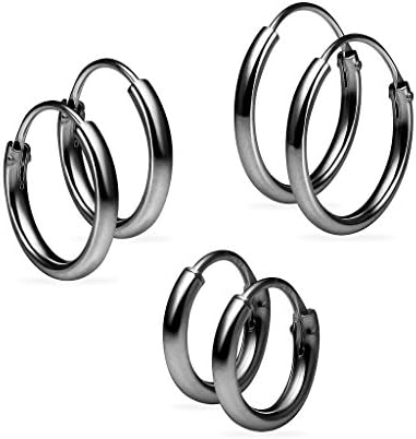 Set of Three Sterling Silver Small Endless 1.2mm x 8mm, 10mm & 12mm Lightweight Thin Round Unisex Hoop Earrings Black Rhodium Flashed