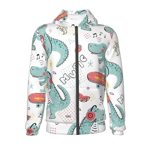 Music Lover Dinosaur Kid Hoodies Boys Zip Up Sweatshirts Girls Pullover with Pocket2