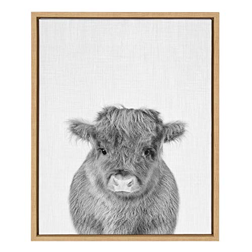 Image of Kate and Laurel Sylvie Baby Calf, Farm Animal Print Black and White Portrait Framed Canvas Wall Art, Natural, 18x24