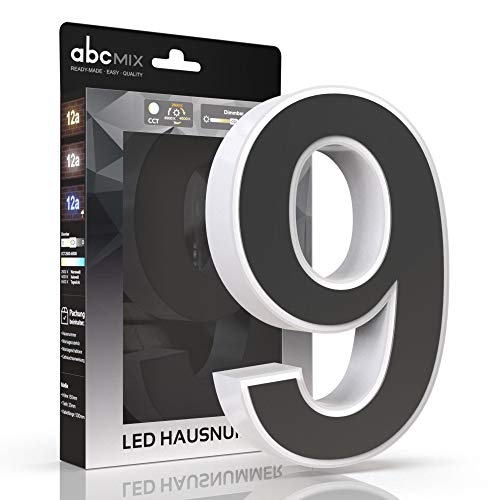 abcMIX LED Hausnummer, personalisierbare beleuchtete Hausnummer, Hausnummernleuchte mit LED - Hausnummer 9, Farbe ANTHRAZIT, Lichtfarbeneinstellung, Dimmbarkeit Cover