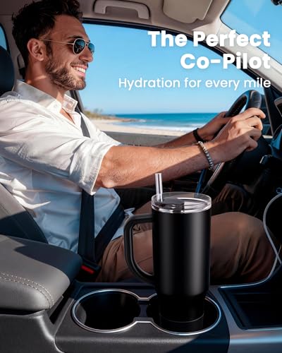 Image of Renoj Insulated Mug 100% Spill Resistant Insulated Water Bottle for Iced Coffee & Hot Drinks - Fits Car Cup Holder, Ideal Gift, 2 Straws & Silicone Boot - FlexSlide White 40 oz