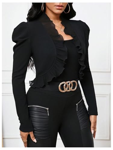 GORGLITTER Women's Ruffle Cropped Blazer Jacket Business Casual Open Front Puff Long Sleeve Bolero Jackets3