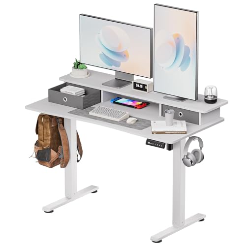Adjustable Desk, Height-Adjustable Table with Drawers, Height-Adjustable Desk Curved, Height-Adjustable Table with 2 Metal Hooks, Cable Organiser, 120 x 60 cm, White