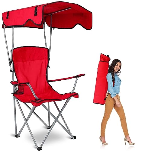 TeqHome Camp Chair with Shade Canopy, Heavy Duty Folding Camping Lawn Chair with Cup Holder, UPF 50+ Sun Protection Portable Beach Lounge Chair for Outdoor Sports Support 330 LBS (Red)